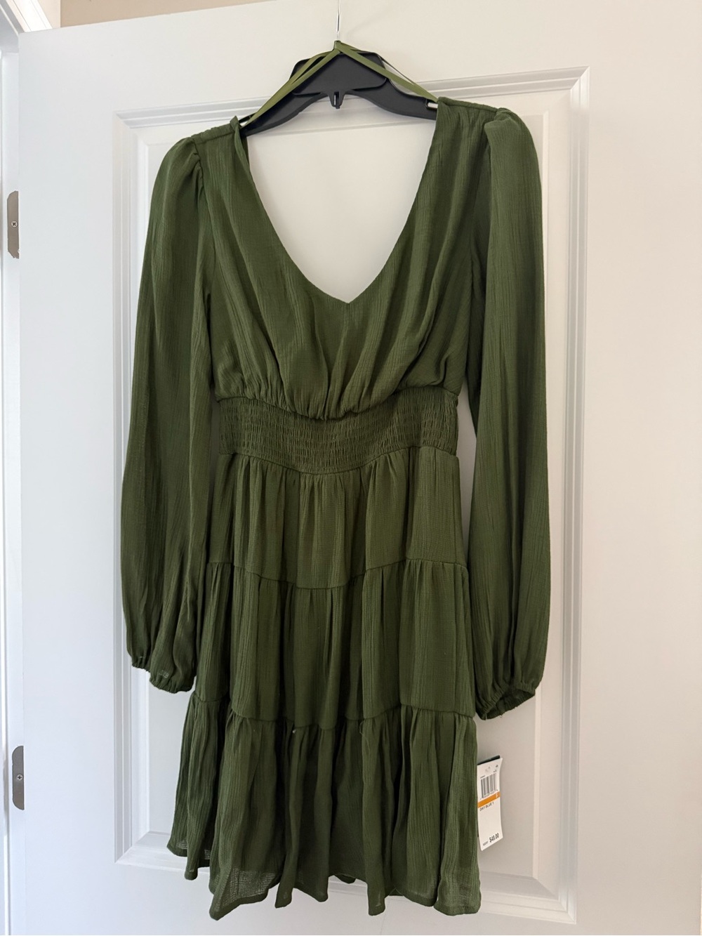 Olive Green Long Sleeve Tiered V-Neck Dress